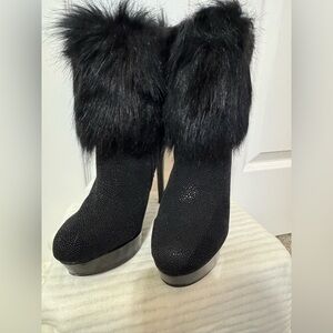 Gianni Bini Black Heeled Boots with Faux Fur Trim